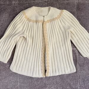 Women's Vintage 70's Ivory Floral Chunky Knit Open Face Cardigan Sweater Sz S